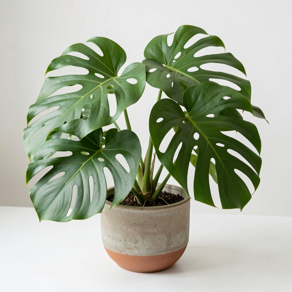 Monstera Deliciosa with large split leaves in ceramic pot