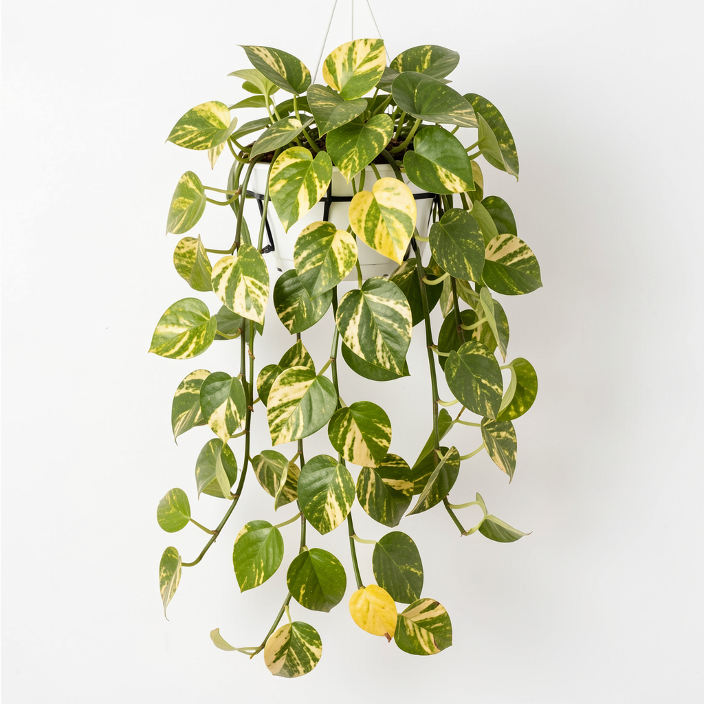 Golden Pothos trailing vine with heart-shaped variegated leaves